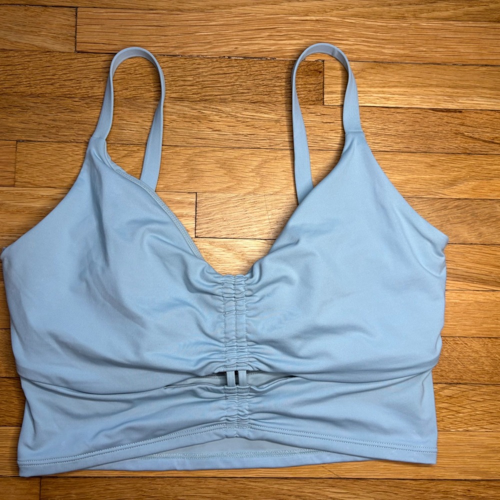 Athleta Cinch Longline Bra Lt Blue 34 D/DD Ruched Cutout Soft Yoga Light Impact